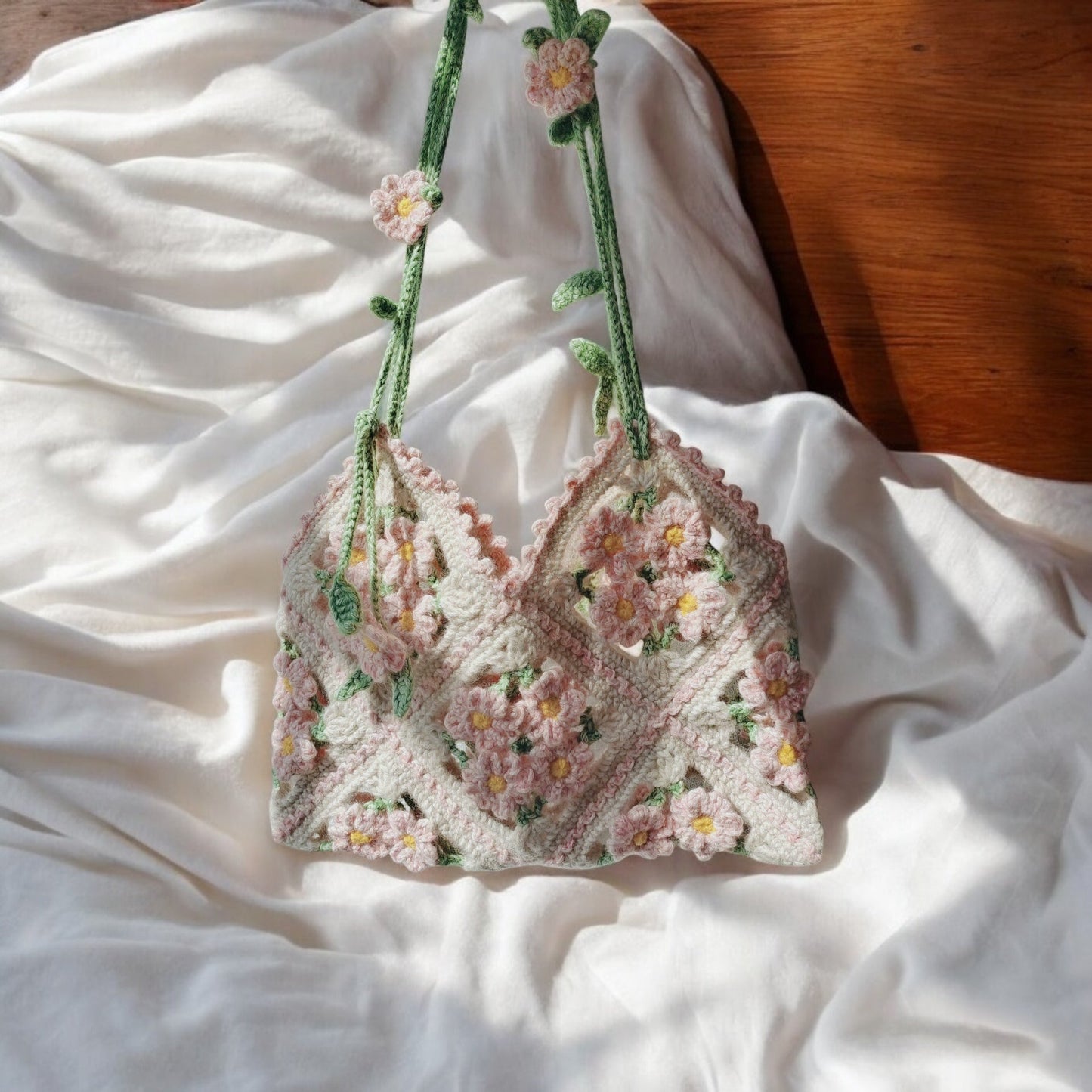 Hand - Crocheted Peach Blossom Shoulder Bag - Made by Frey