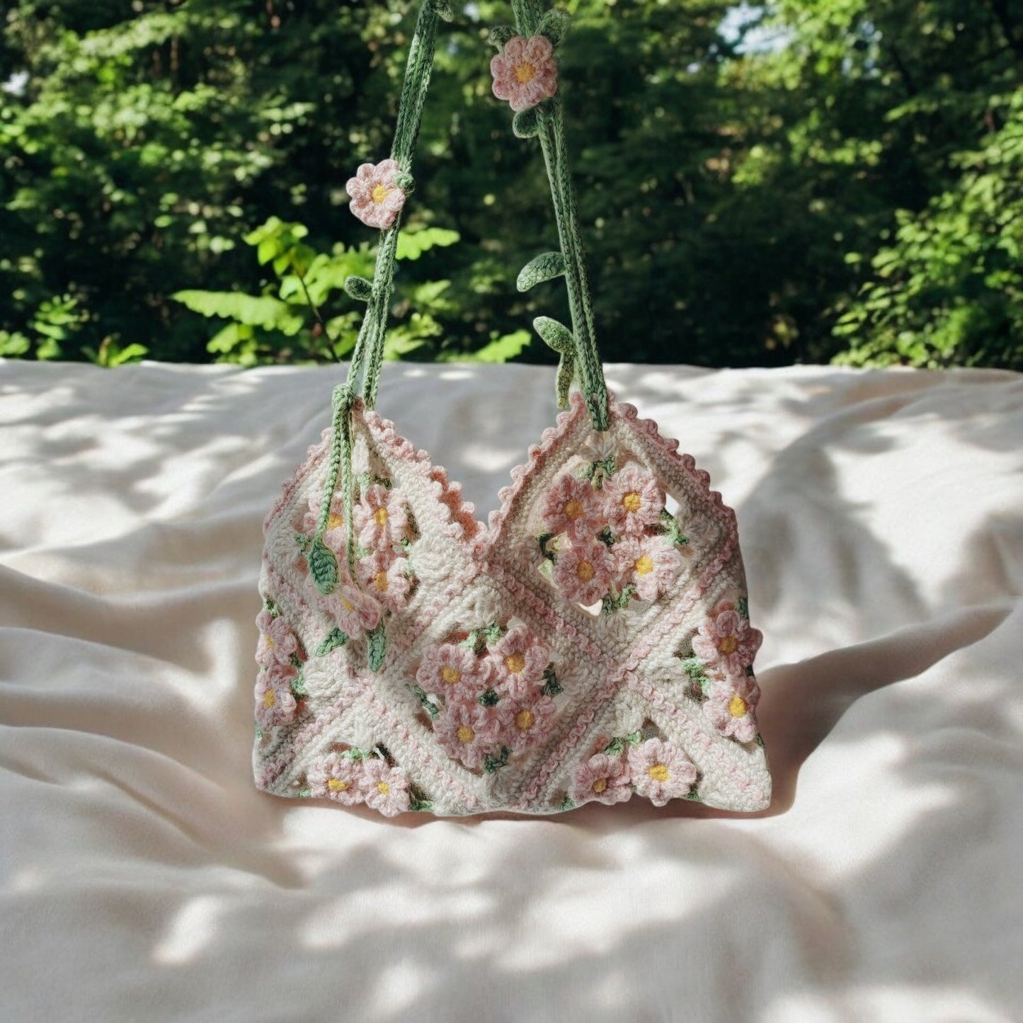 Hand - Crocheted Peach Blossom Shoulder Bag - Made by Frey