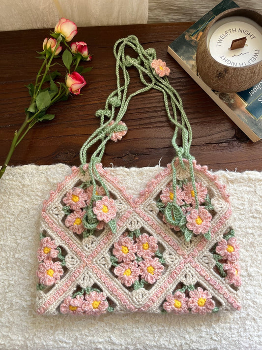 Hand - Crocheted Peach Blossom Shoulder Bag - Made by Frey