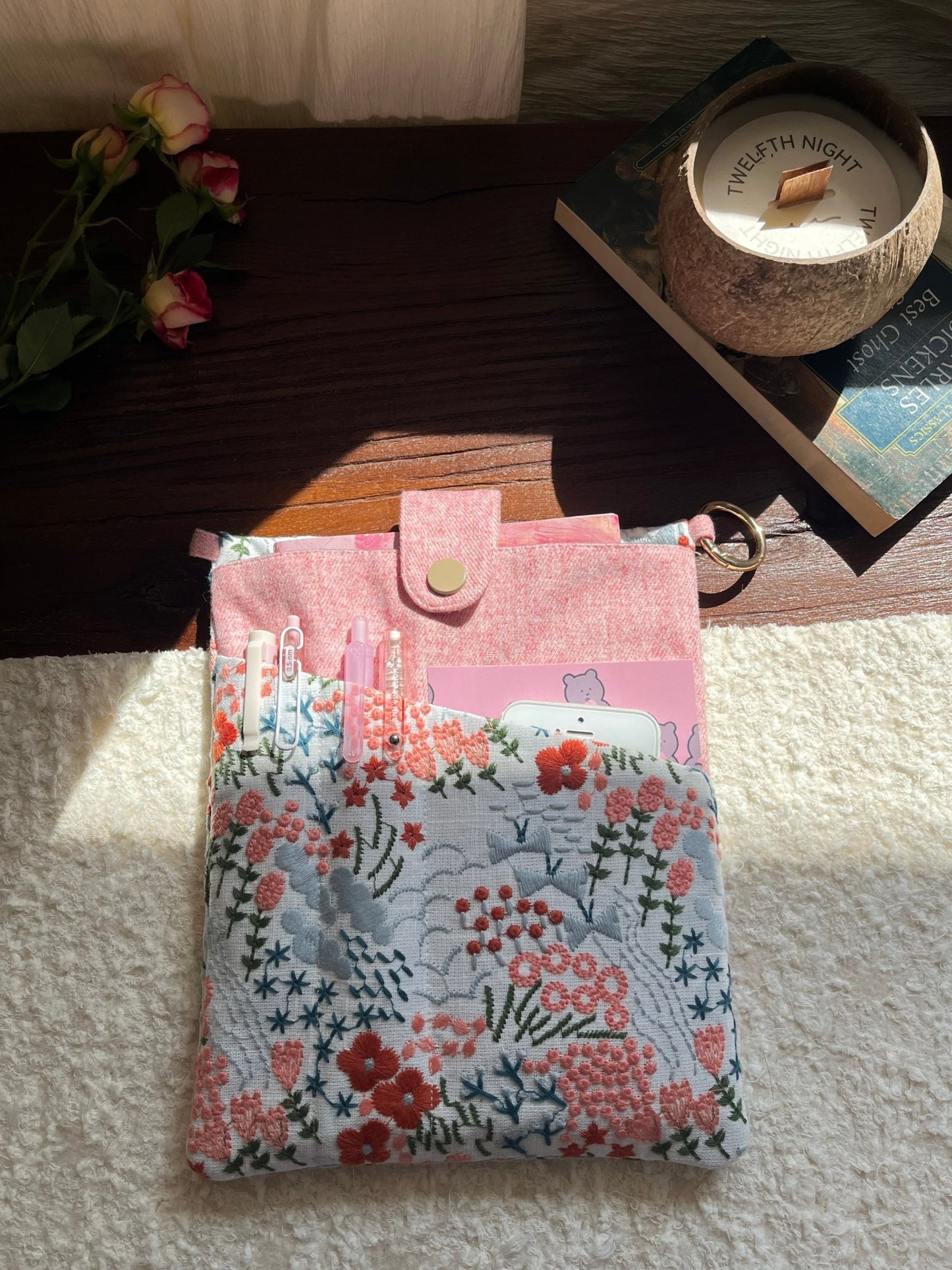 Pink Embroidered Book Sleeve - Made by Frey