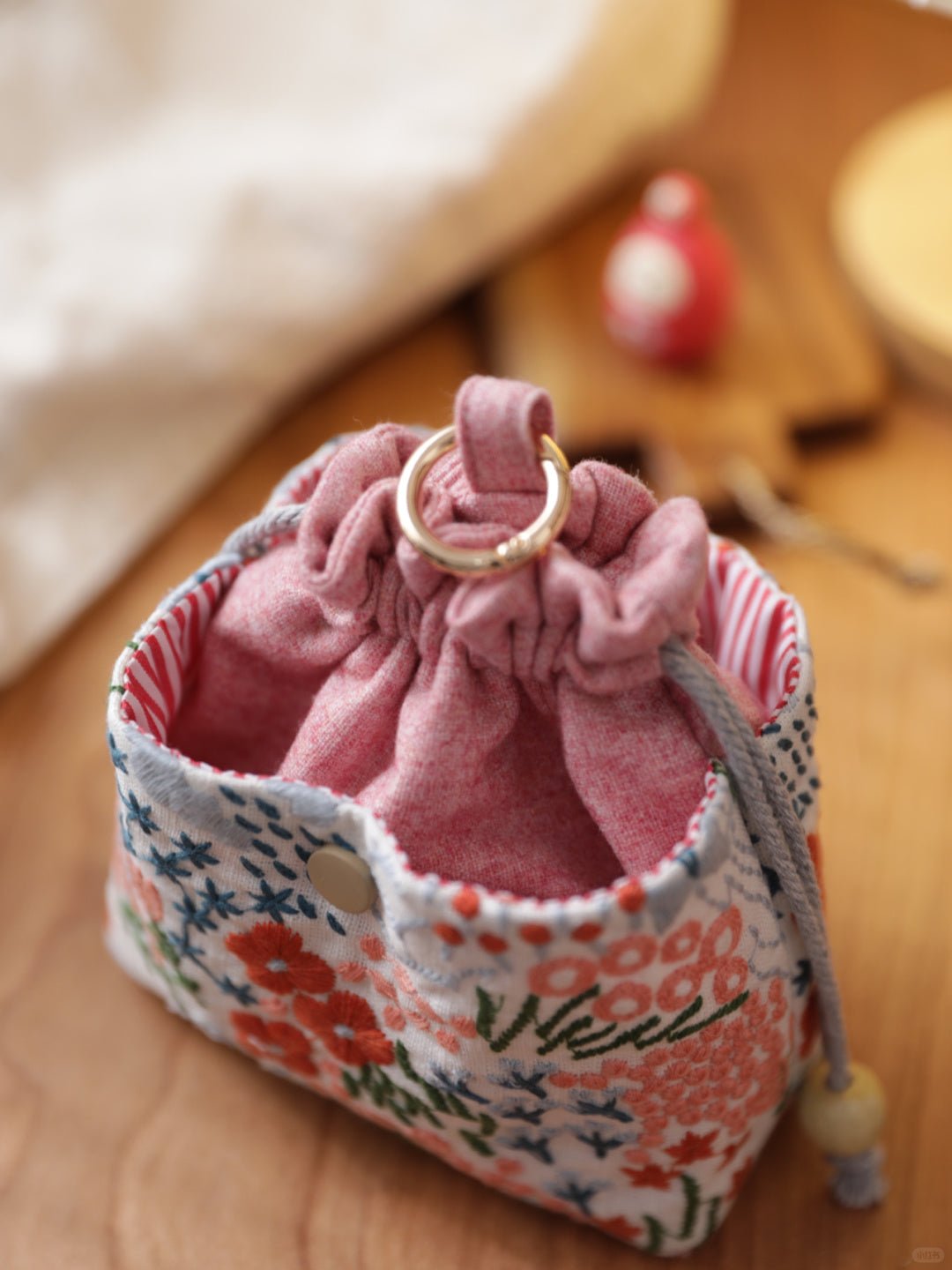 Pink Embroidered Floral Multi - layer Drawstring Storage Bag - Made by Frey