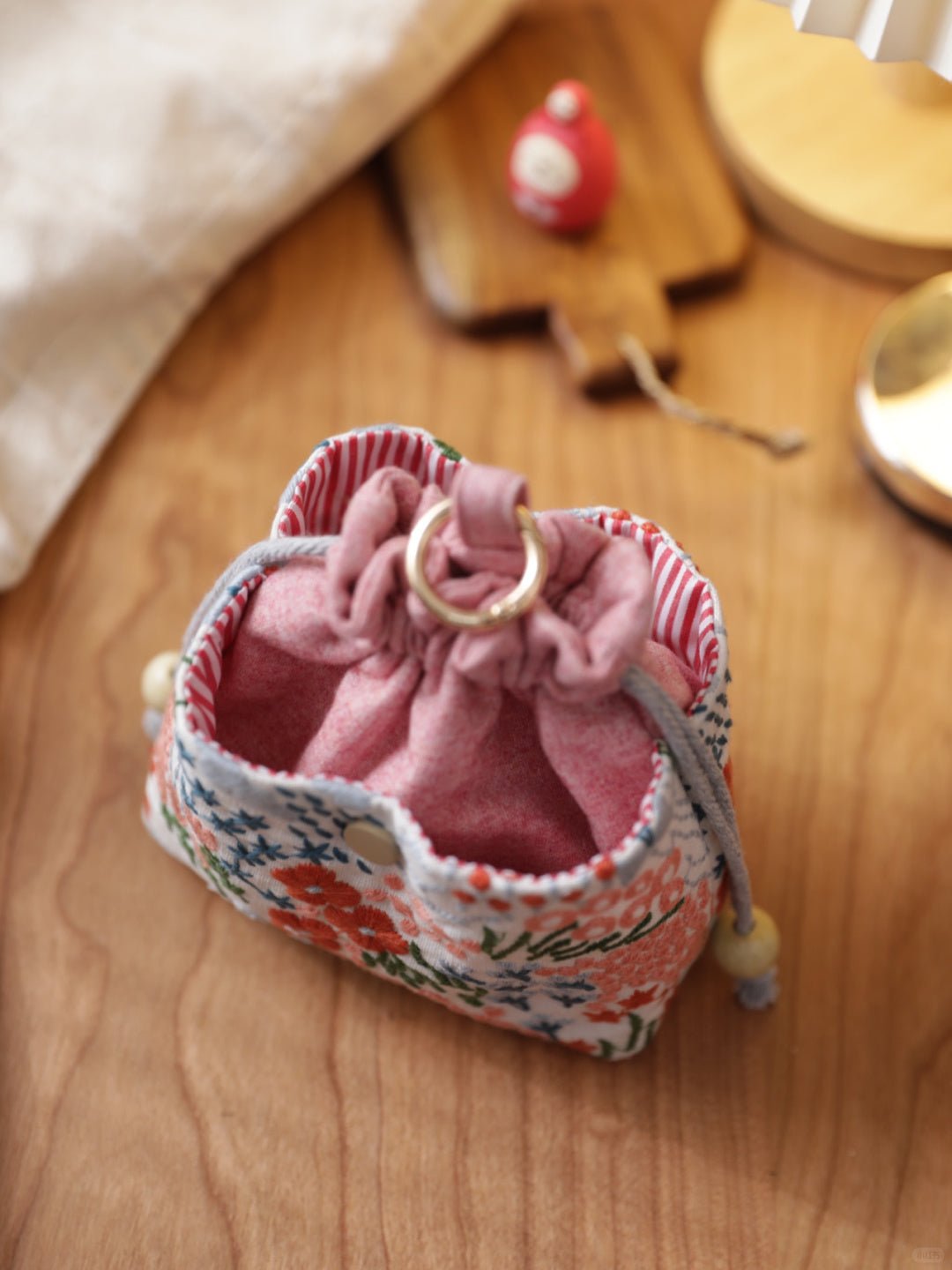 Pink Embroidered Floral Multi - layer Drawstring Storage Bag - Made by Frey