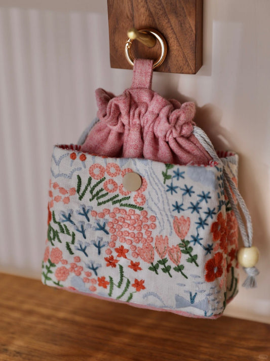 Pink Embroidered Floral Multi - layer Drawstring Storage Bag - Made by Frey