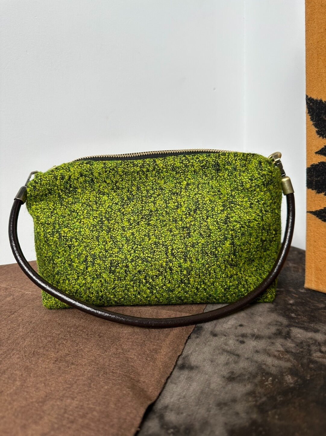 Shoulder & Crossbody Bag – Moss Green Plant - Dyed Wool, Hand‑Painted Giraffe & Zebra - Made by Frey