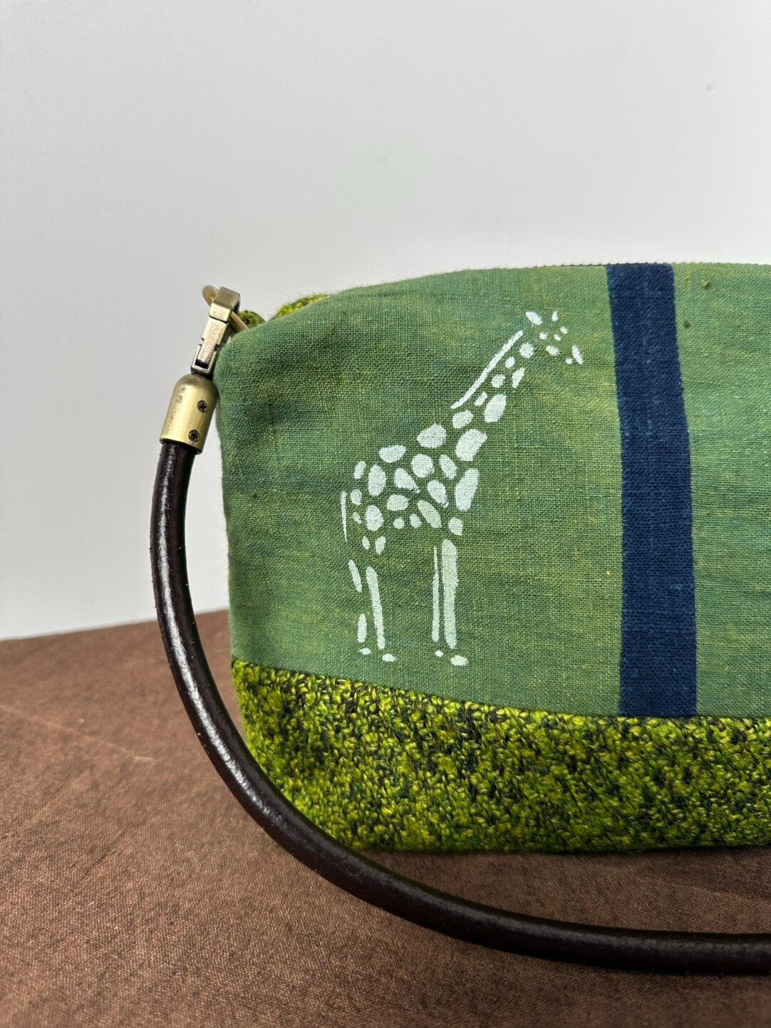 Shoulder & Crossbody Bag – Moss Green Plant - Dyed Wool, Hand‑Painted Giraffe & Zebra - Made by Frey