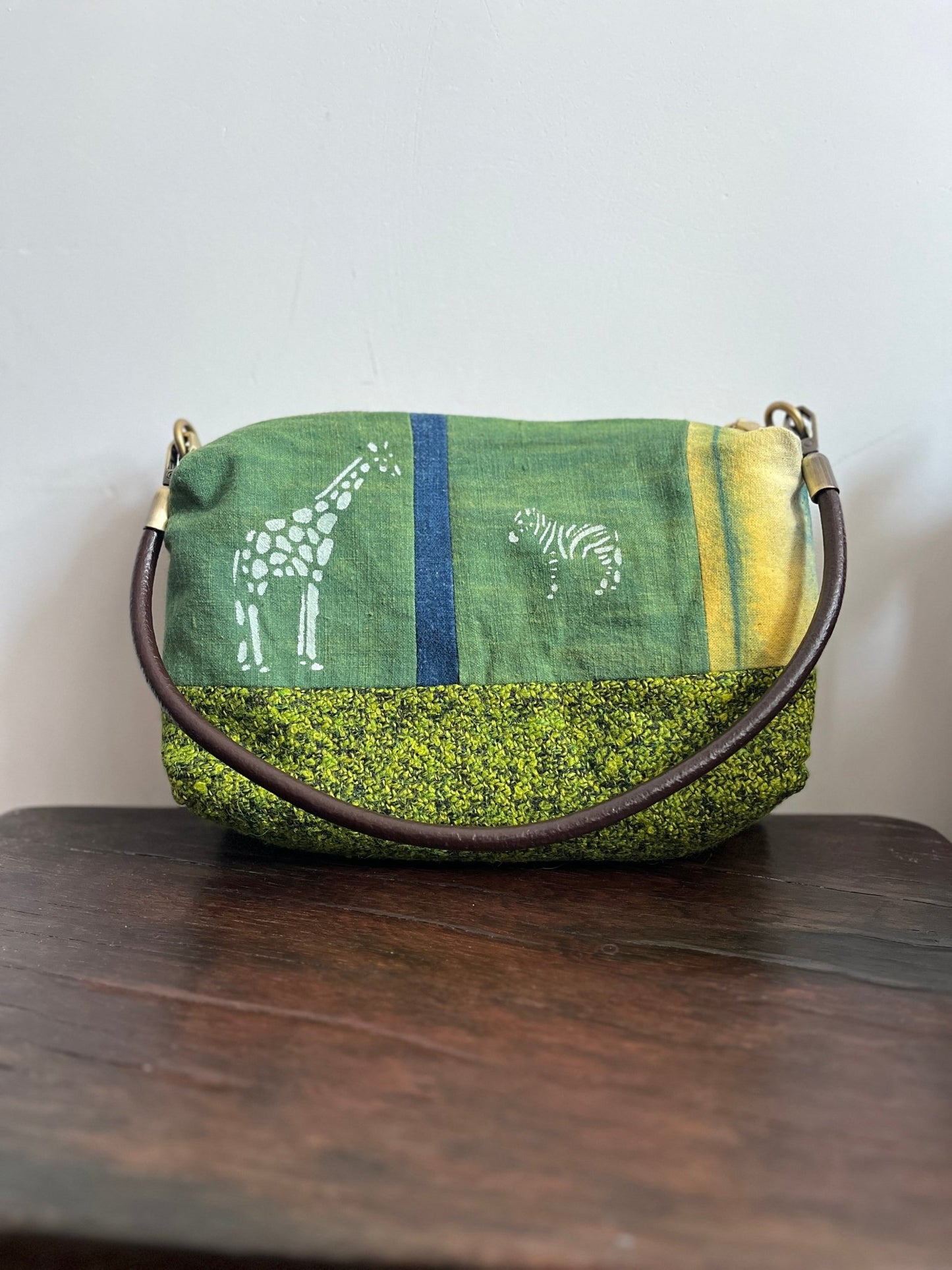 Shoulder & Crossbody Bag – Moss Green Plant - Dyed Wool, Hand‑Painted Giraffe & Zebra - Made by Frey