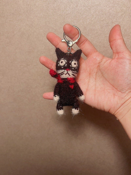 Slightly Unhinged Cat – Brooch or Keychain - Made by Frey