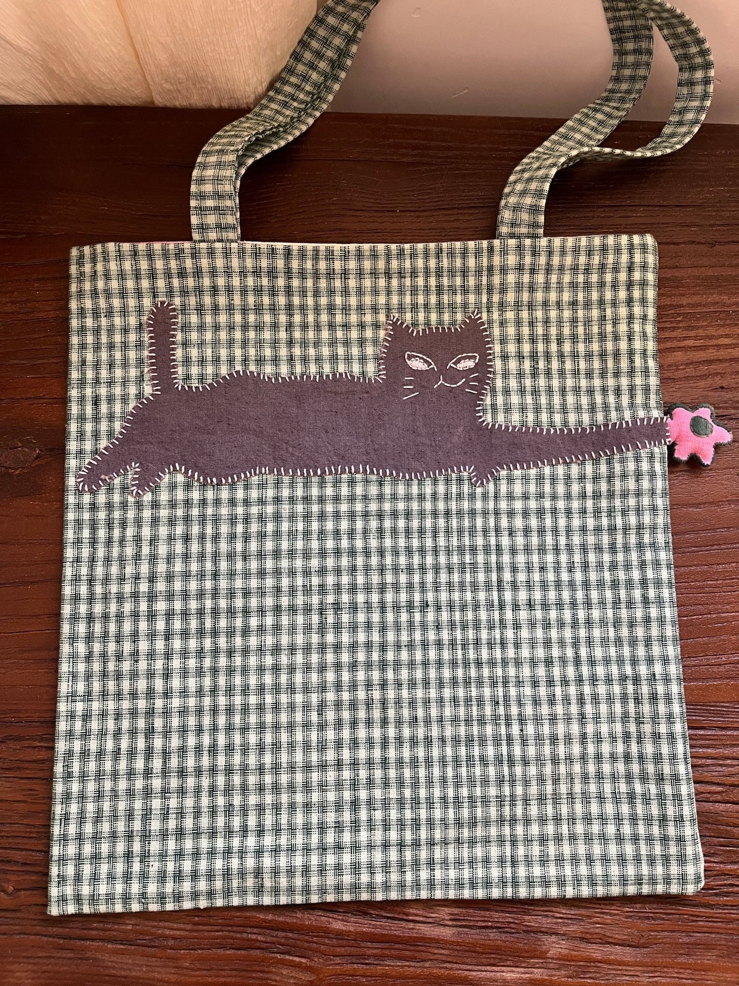 Spring Cat & Cherry Blossom – Handmade Tote in Vintage Green Plaid - Made by Frey