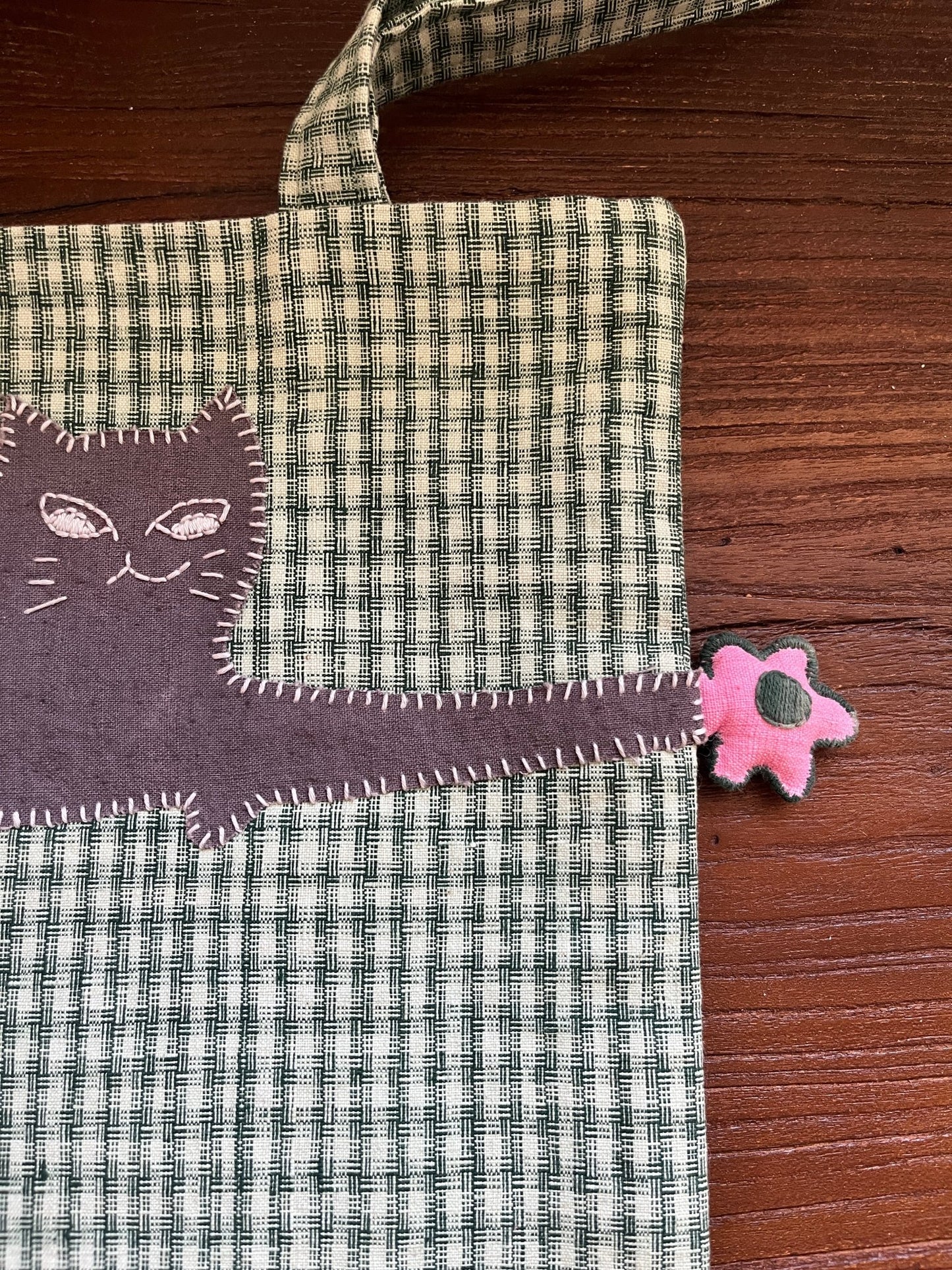Spring Cat & Cherry Blossom – Handmade Tote in Vintage Green Plaid - Made by Frey