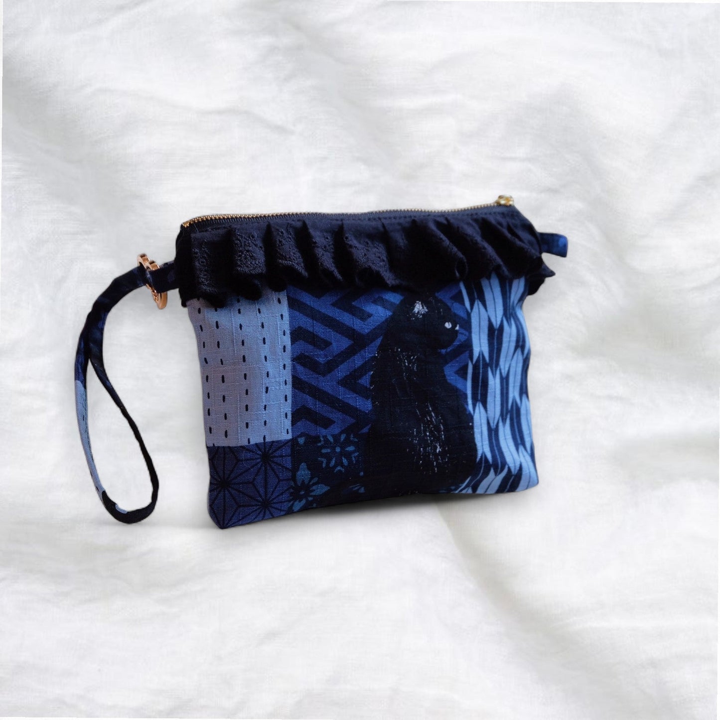 Black Kitty Makeup Pouch/ Wristlet - Made by Frey