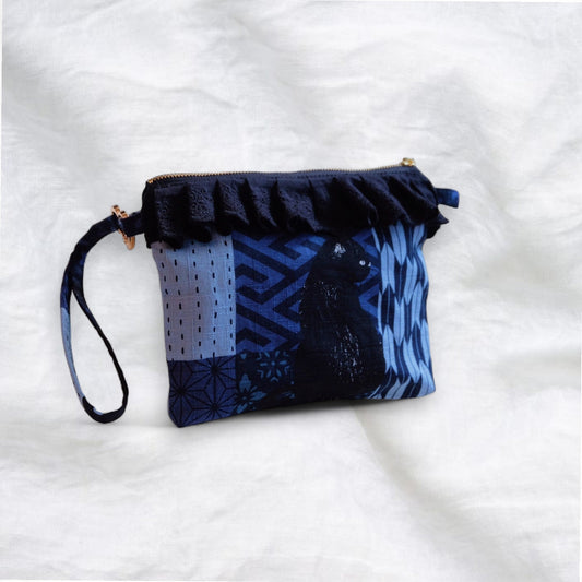 Black Kitty Makeup Pouch/ Wristlet - Made by Frey