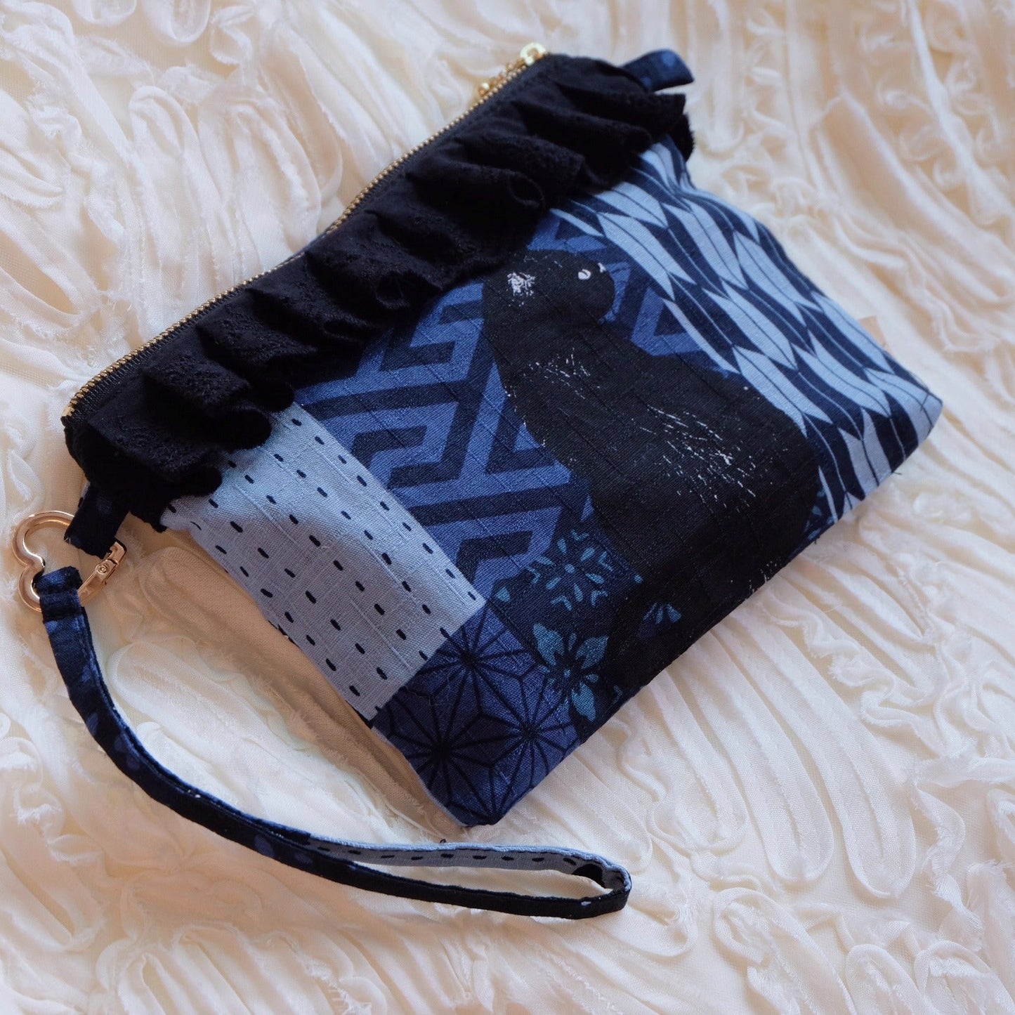 Black Kitty Makeup Pouch/ Wristlet - Made by Frey