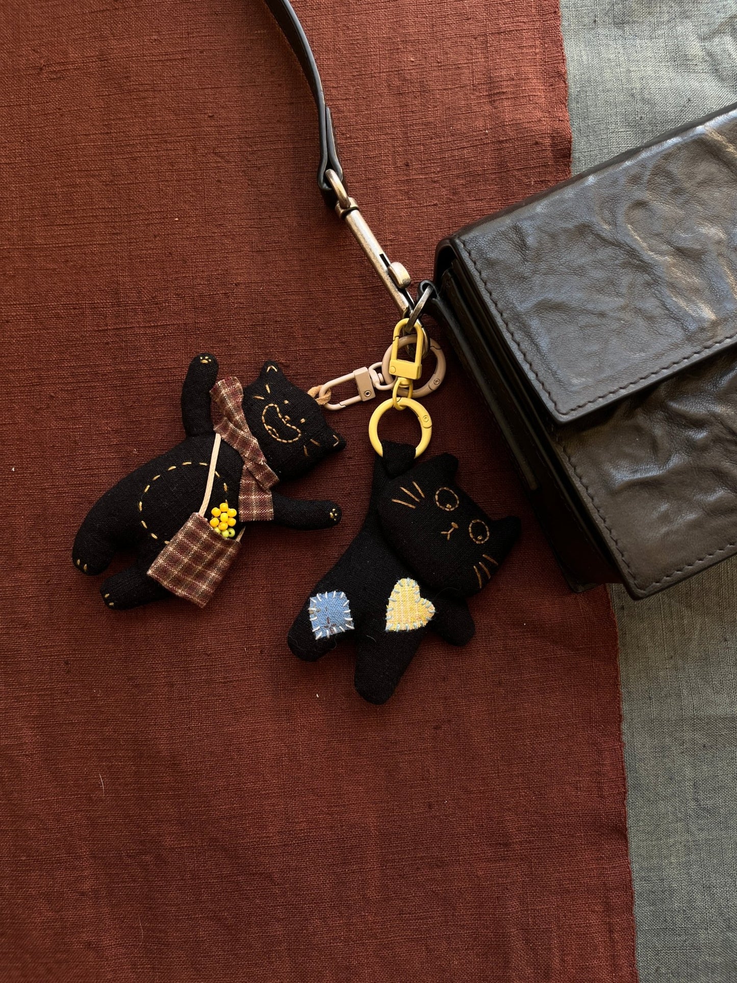 Hand - Embroidered Cat Keychain Bag Charm Necklace - Made by Frey