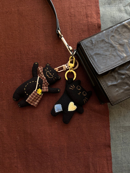 Hand - Embroidered Cat Keychain Bag Charm Necklace - Made by Frey