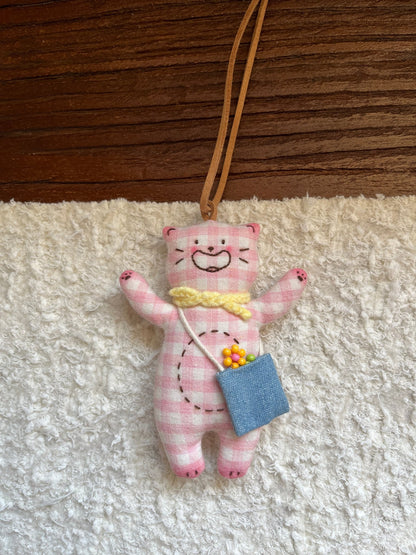 Hand - Embroidered Cat Keychain Bag Charm Necklace - Made by Frey