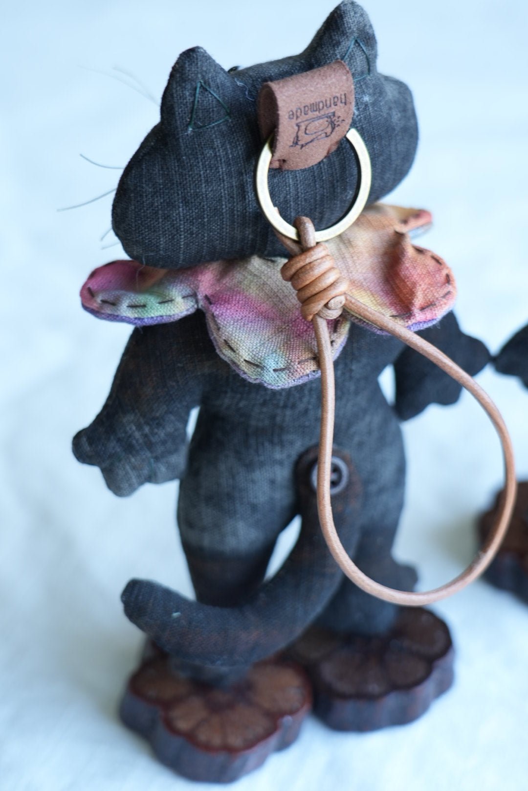Handmade Black Tomcat Bag Charm – Rotating Head & Removable Collar - Made by Frey