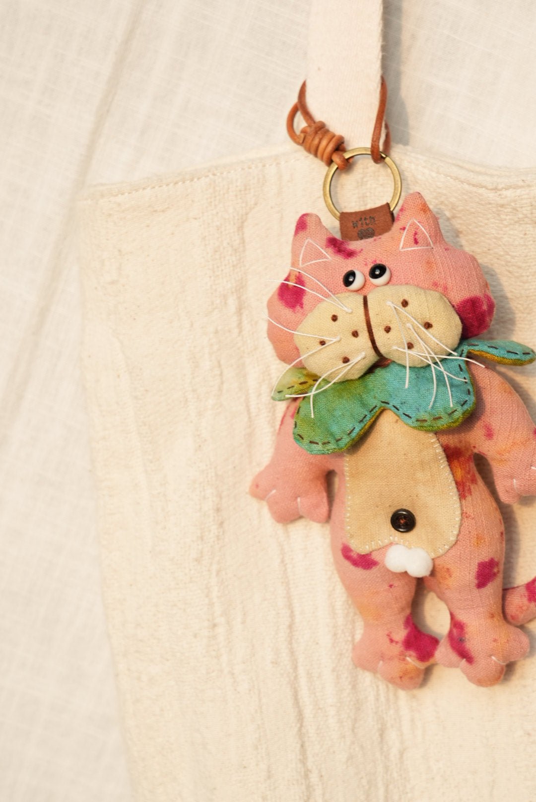 Handmade Black Tomcat Bag Charm – Rotating Head & Removable Collar - Made by Frey