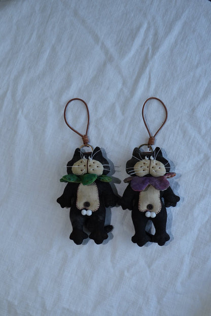 Handmade Black Tomcat Bag Charm – Rotating Head & Removable Collar - Made by Frey