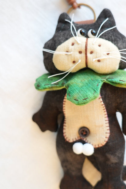 Handmade Black Tomcat Bag Charm – Rotating Head & Removable Collar - Made by Frey