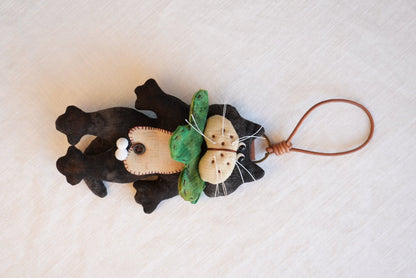 Handmade Black Tomcat Bag Charm – Rotating Head & Removable Collar - Made by Frey