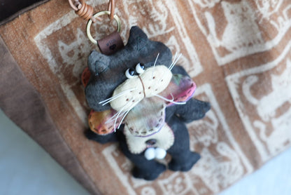 Handmade Black Tomcat Bag Charm – Rotating Head & Removable Collar - Made by Frey