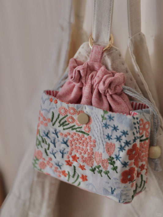 Pink Embroidered Floral Multi - layer Drawstring Storage Bag - Made by Frey