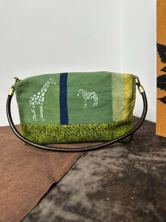 Shoulder & Crossbody Bag – Moss Green Plant - Dyed Wool, Hand‑Painted Giraffe & Zebra - Made by Frey