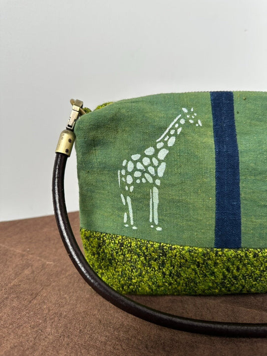 Shoulder & Crossbody Bag – Moss Green Plant - Dyed Wool, Hand‑Painted Giraffe & Zebra - Made by Frey