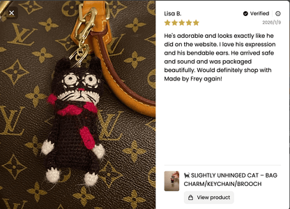Slightly Unhinged Cat – Bag Charm/Keychain - Made by Frey