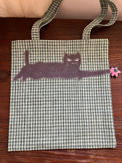Spring Cat & Cherry Blossom – Handmade Tote in Vintage Green Plaid - Made by Frey