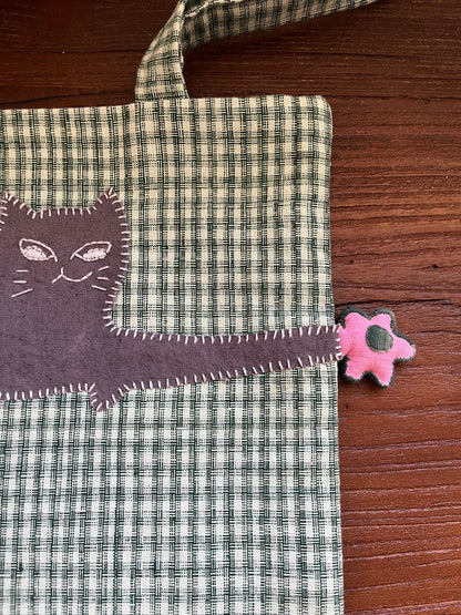 Spring Cat & Cherry Blossom – Handmade Tote in Vintage Green Plaid - Made by Frey